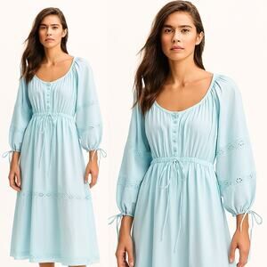 HARSHMAN Belle Midi Dress Light Blue Blouson Sleeve Lace Trim Cottagecore M NEW
